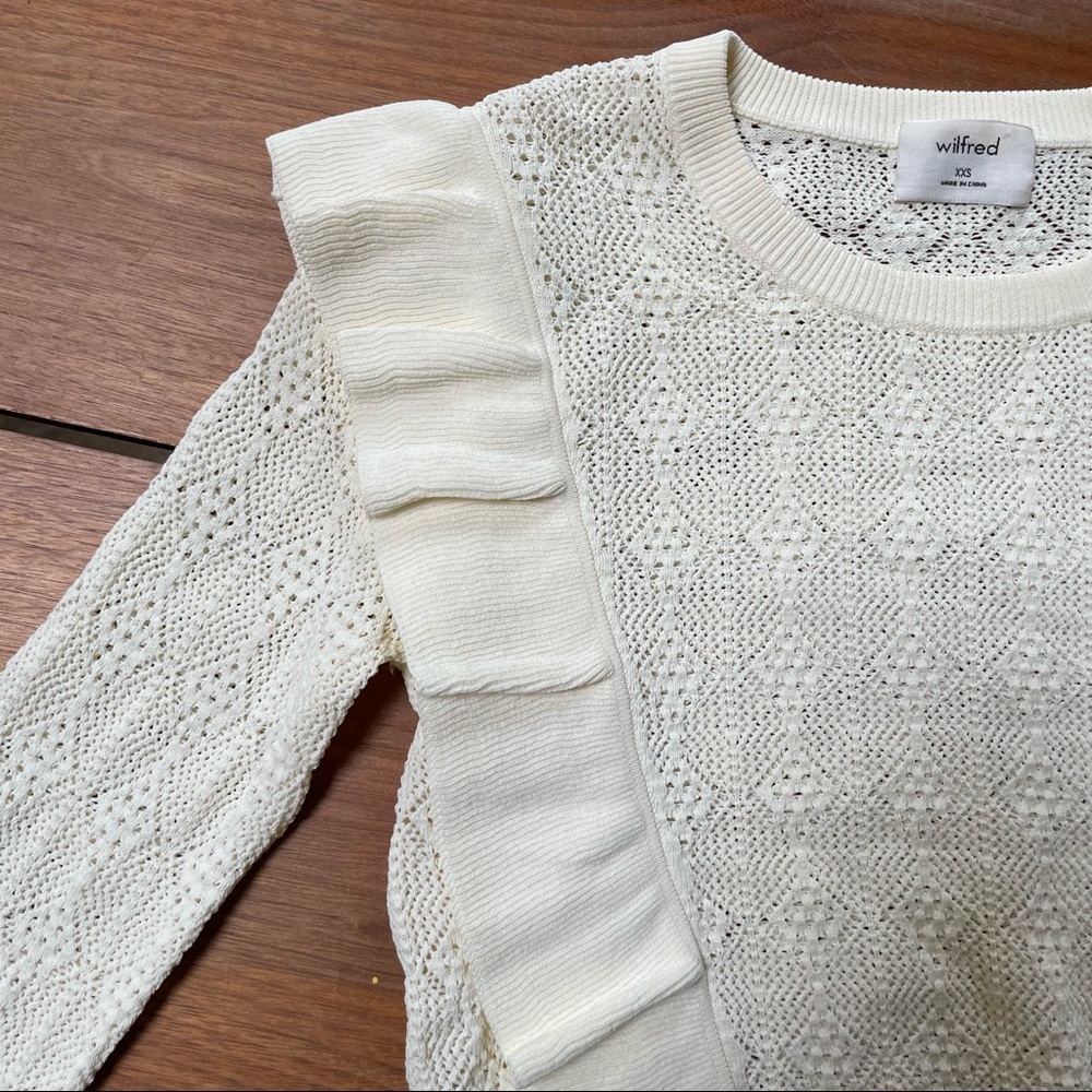 Aritzia-Wilfred feminine ruffle pointelle-knit ivory sweater - Picture 6 of 9